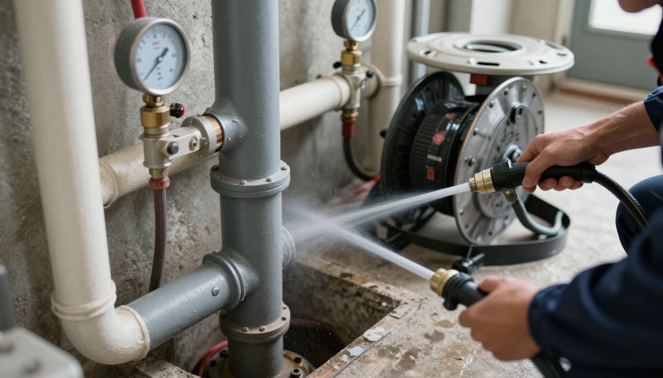 A plumber's gloved hands feeding a high-pressure jetting hose into a cast iron kitchen stack cleanout in a condominium mechanical room, with dull grey no-hub pipe and a hose reel visible A plumber’s gloved hands feeding a high-pressure jetting hose into a cast iron kitchen stack cleanout in a condominium mechanical room, with dull grey no-hub pipe and a hose reel visible