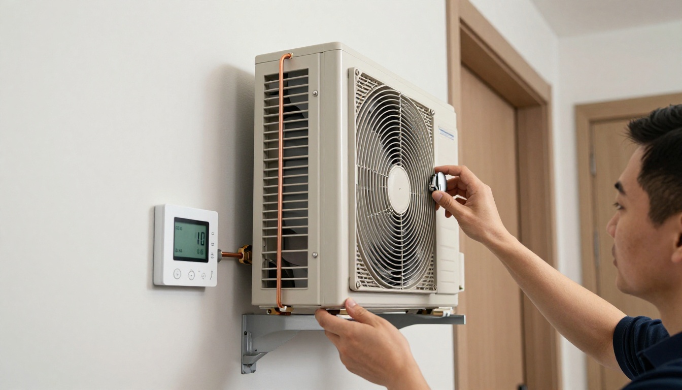 Close-up of a technician adjusting a smart thermostat in a modern Toronto condo Close-up of a technician adjusting a smart thermostat in a modern Toronto condo