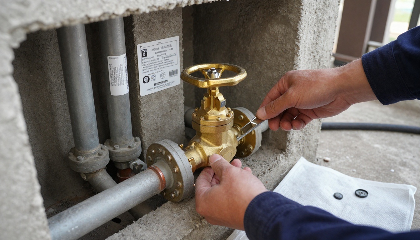 A licensed plumber replacing a seized gate valve with a new full-port brass ball valve on a copper domestic water riser in a high-rise service corridor, shown from the side with hands only A licensed plumber replacing a seized gate valve with a new full-port brass ball valve on a copper domestic water riser in a high-rise service corridor, shown from the side with hands only