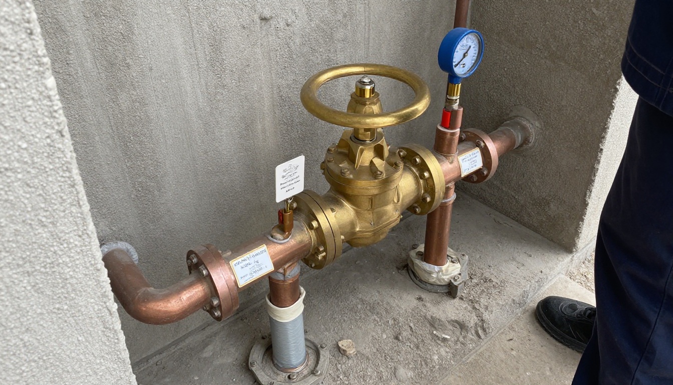 New brass isolation valve installed on copper domestic water main with unions, supports, fresh insulation termination and clear access in a condominium mechanical room