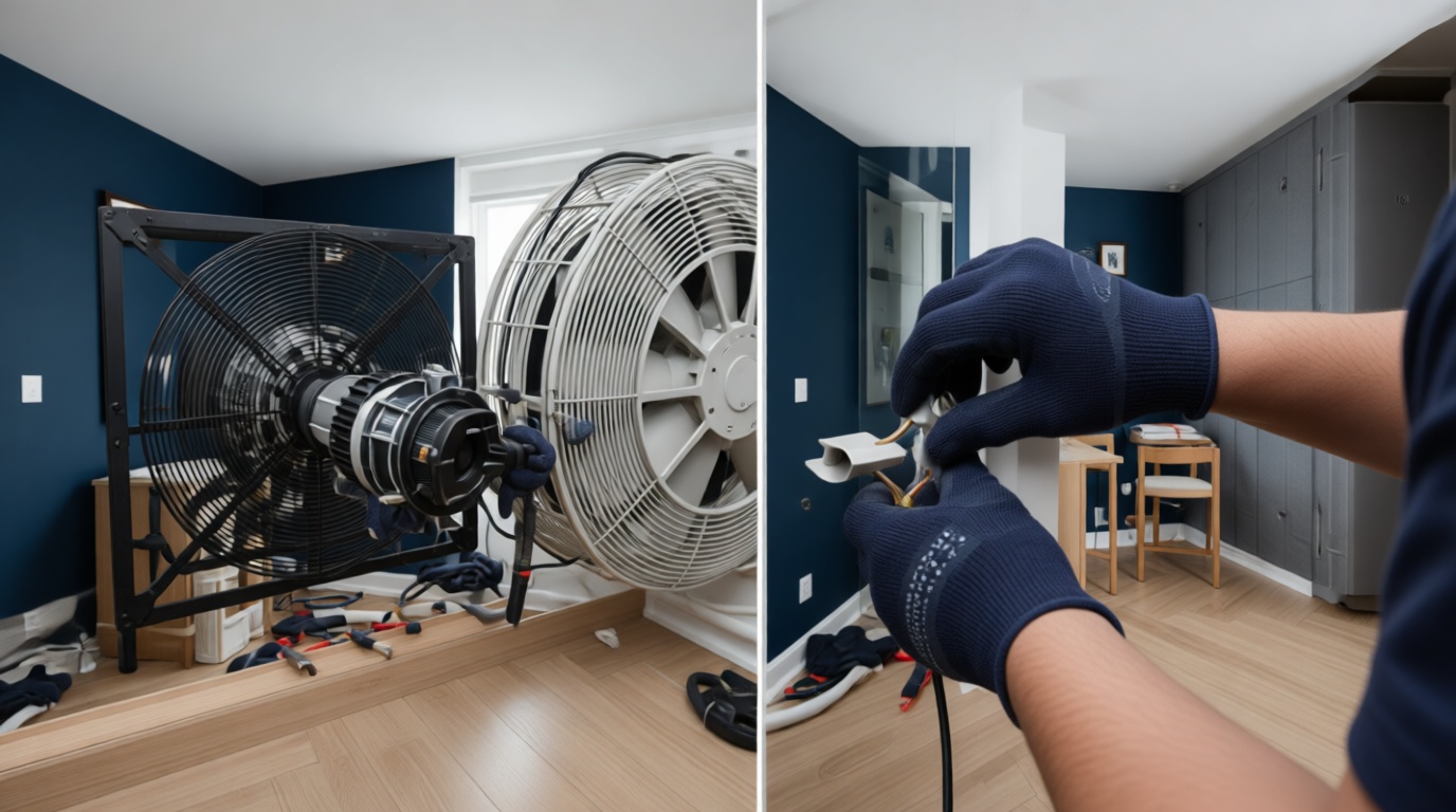 Technician&rsquo;s hands in navy gloves servicing a blower motor inside a condo fan coil unit, showing before and after replacement.