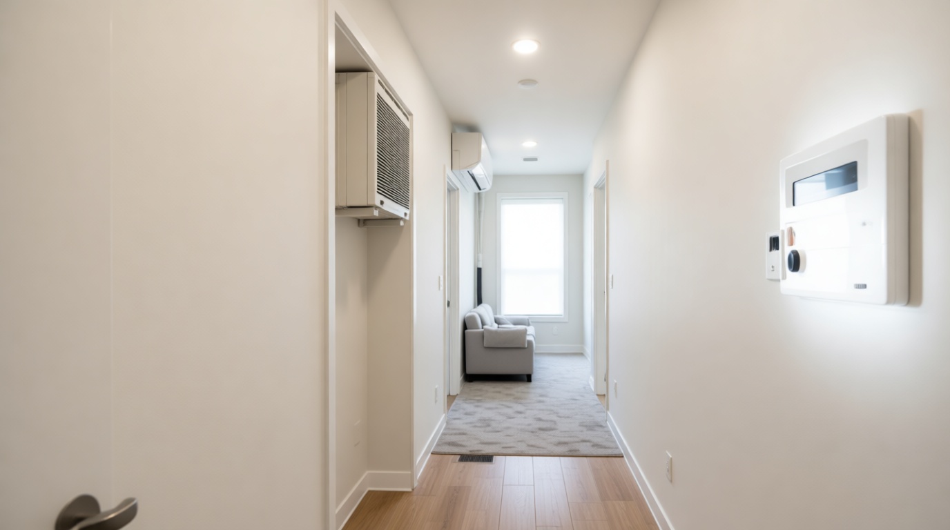A Hudson HVAC technician inspecting a condo heat pump&rsquo;s drain line in a Toronto high-rise