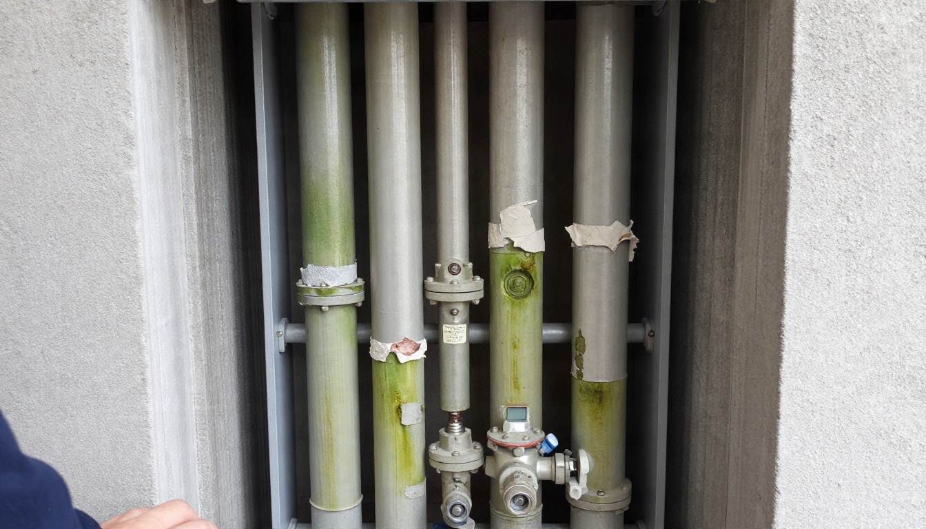 Close-up of an opened condominium riser closet showing aging vertical copper domestic water risers with green corrosion staining, patched repair sections, insulation pulled back, and sectional valves in a narrow high-rise service shaft