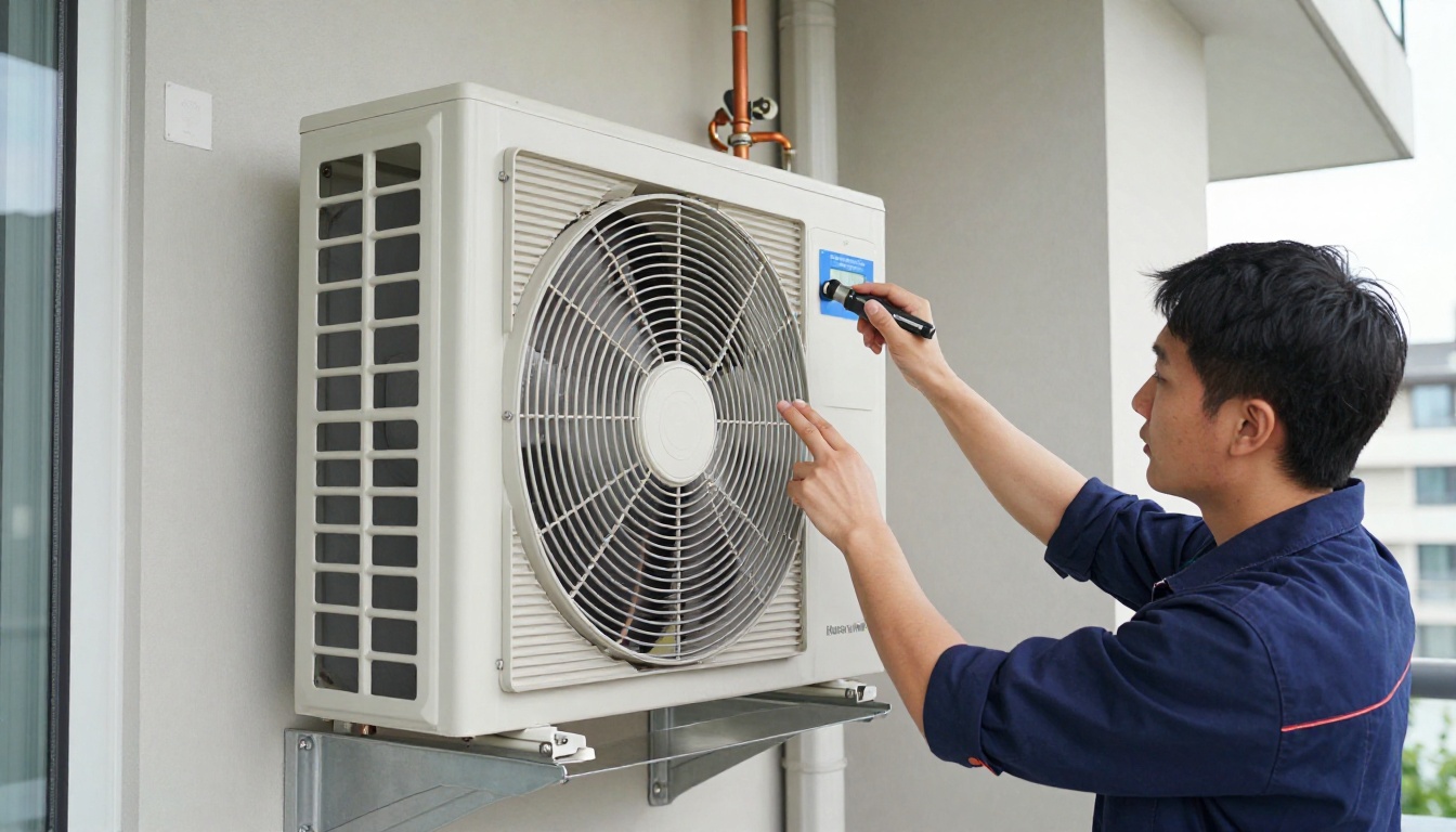 A Hudson HVAC technician inspecting a condo fan coil unit with a flashlight in a Toronto high-rise A Hudson HVAC technician inspecting a condo fan coil unit with a flashlight in a Toronto high-rise