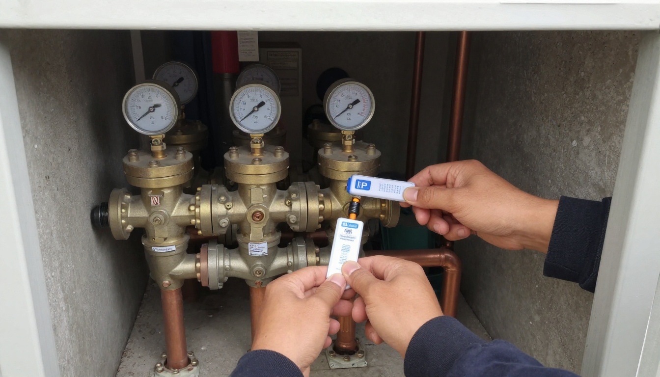 Condominium mechanical room service setup with calibrated backflow test kit connected to a brass RP assembly, nearby isolation valves and copper mains visible, no people or faces