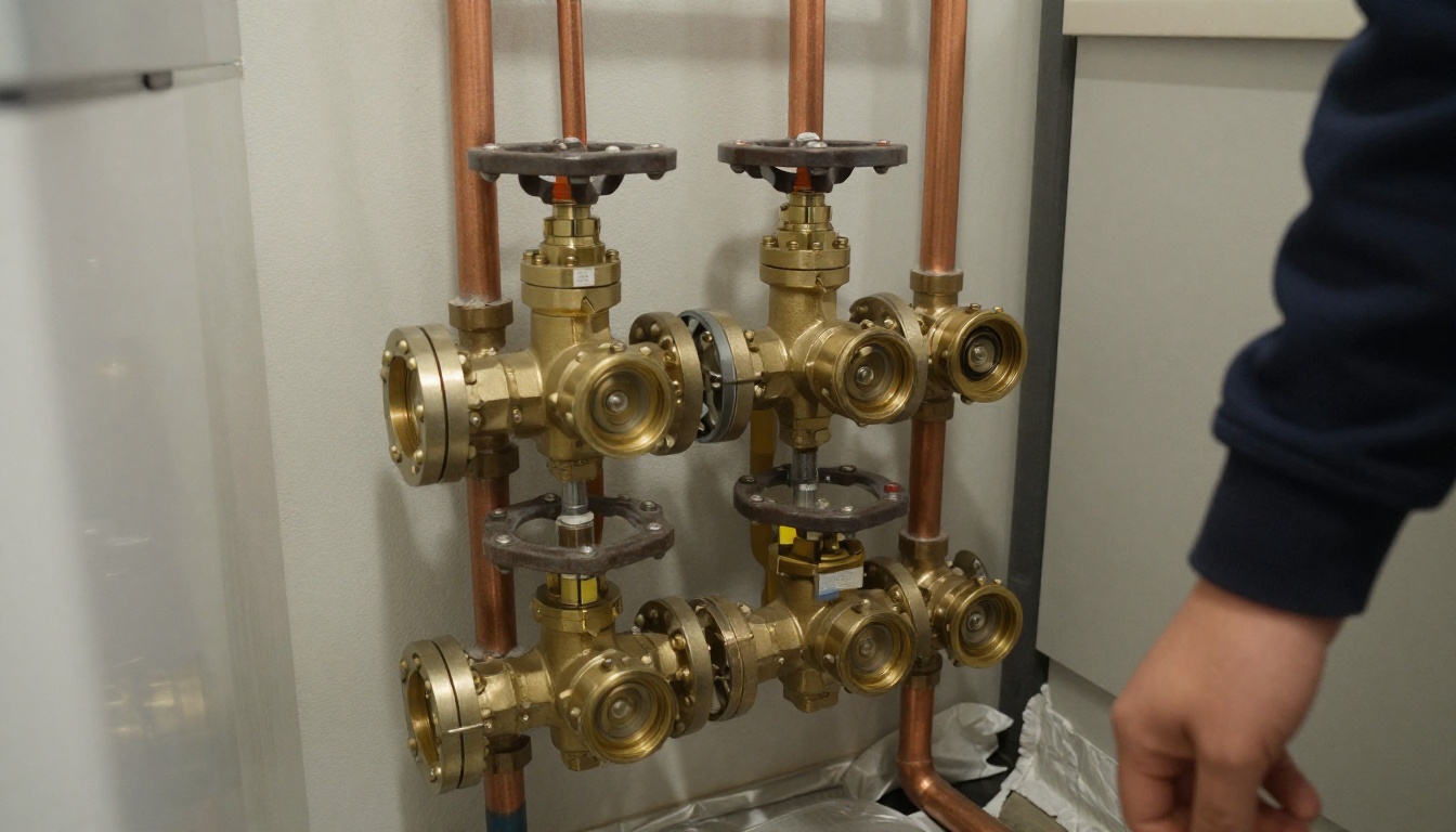Condominium mechanical room with brass pressure reducing valves on copper mains and tagged isolation valves, with clean organized piping and no visible people