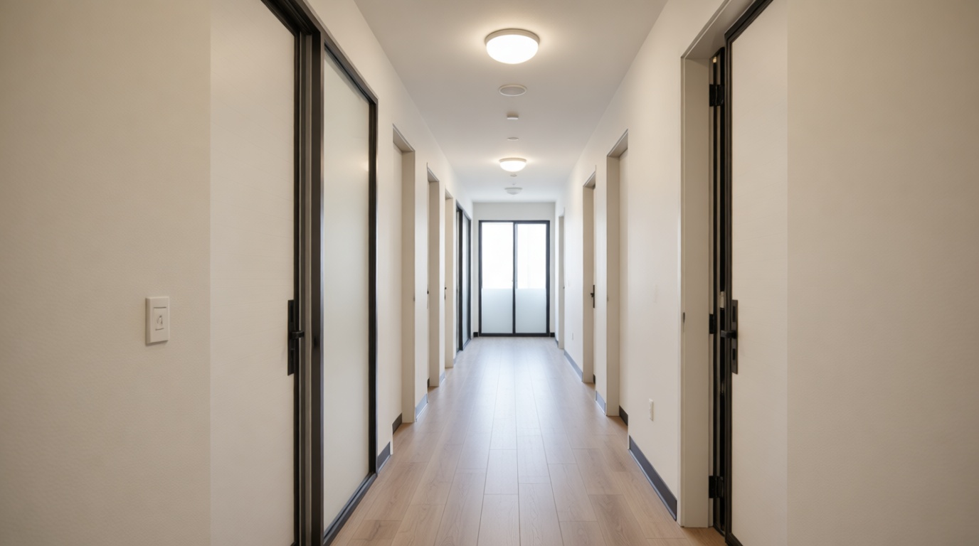 Modern high-rise condo hallway in North York, capturing the essence of urban living. Modern high-rise condo hallway in North York, capturing the essence of urban living.
