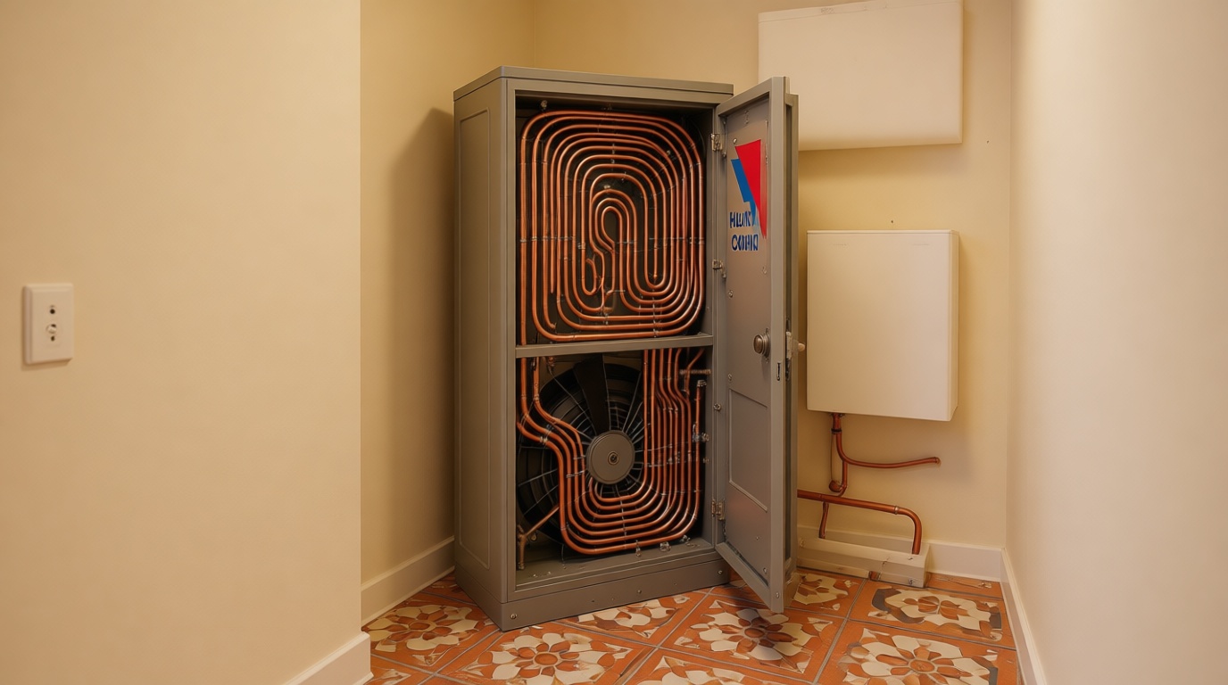 Close-up of a frozen condensate line on a fan coil unit during a Toronto winter