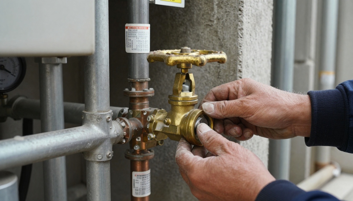 A close-up of an older brass gate valve with a handwheel on a copper domestic water riser in a condominium mechanical room, showing valve tags, light corrosion and a technician&rsquo;s gloved hand testing the valve