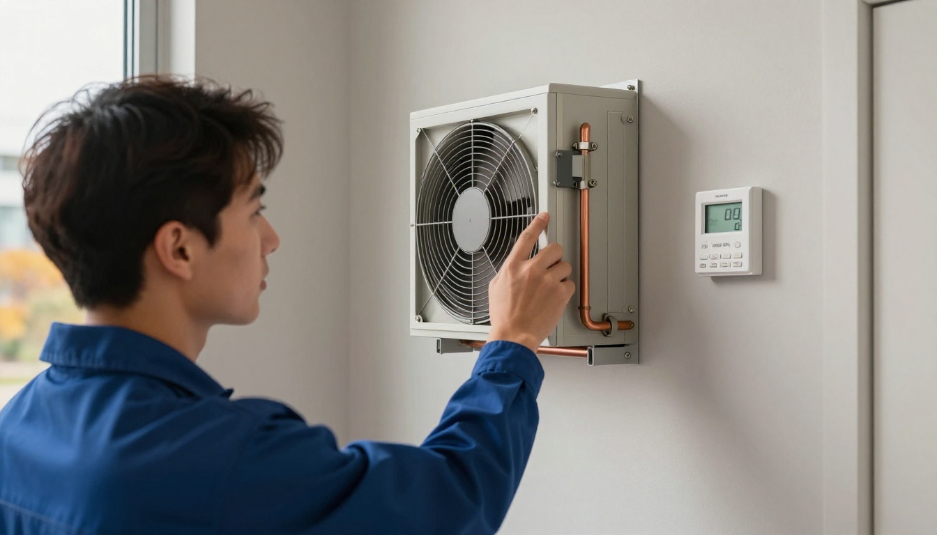 Close-up of a condo HVAC thermostat and nearby window showing fall lakefront light, while a technician in navy coveralls checks airflow from a supply grille inside a modern Toronto waterfront condo
