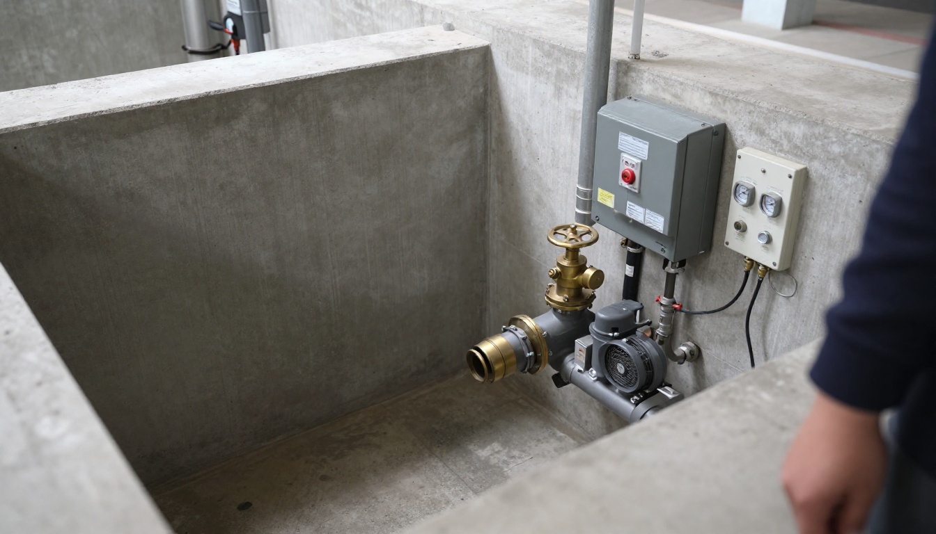 Clean sump pit mechanical area with duplex pumps, brass check valves, alarm panel, discharge piping and concrete floor in a condominium parking level, no people