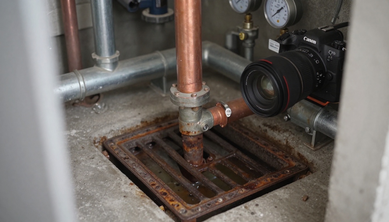 A close-up of a cast iron floor drain in a condominium mechanical room with shallow standing water, rust staining around the grate, and exposed copper and steel piping in the background