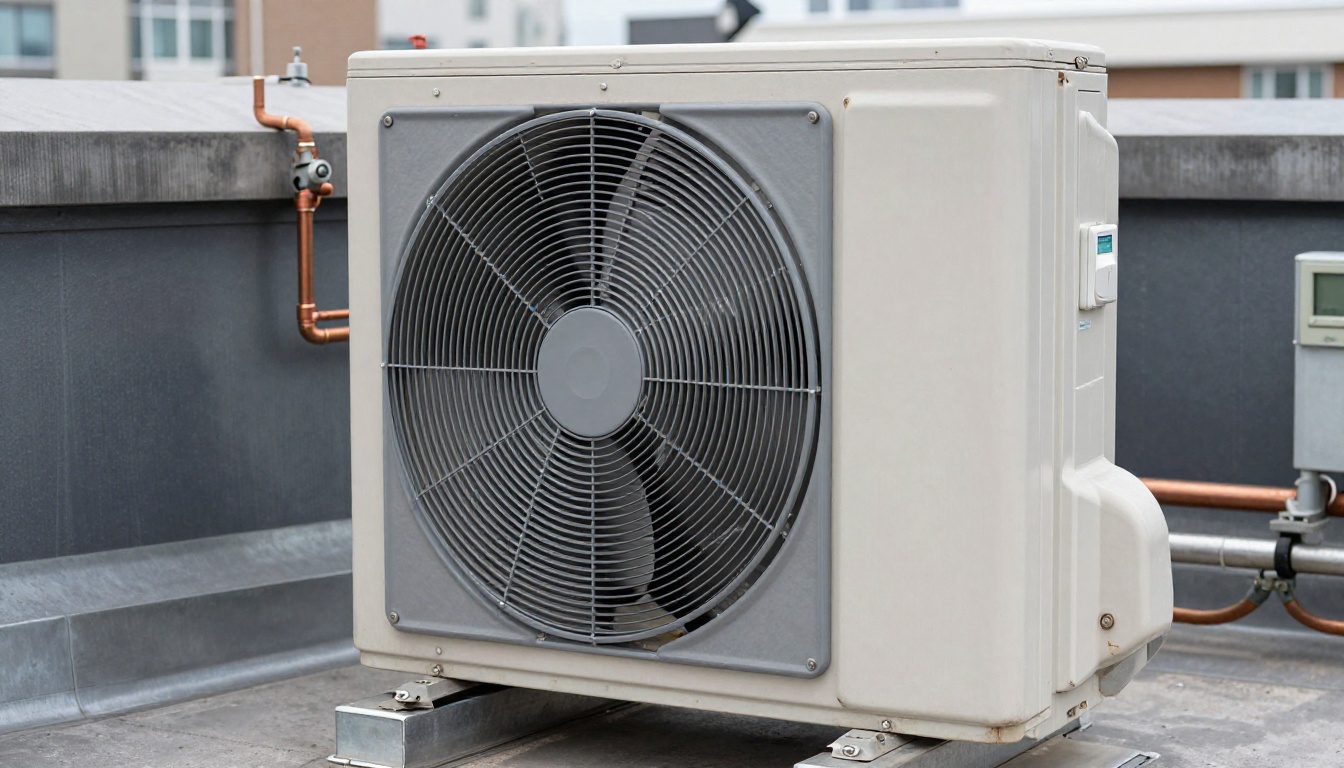 Extreme close-up of a condo rooftop unit service panel open on a Toronto building roof, showing filters, blower section, wiring, and damper assembly inside the RTU cabinet for identification.