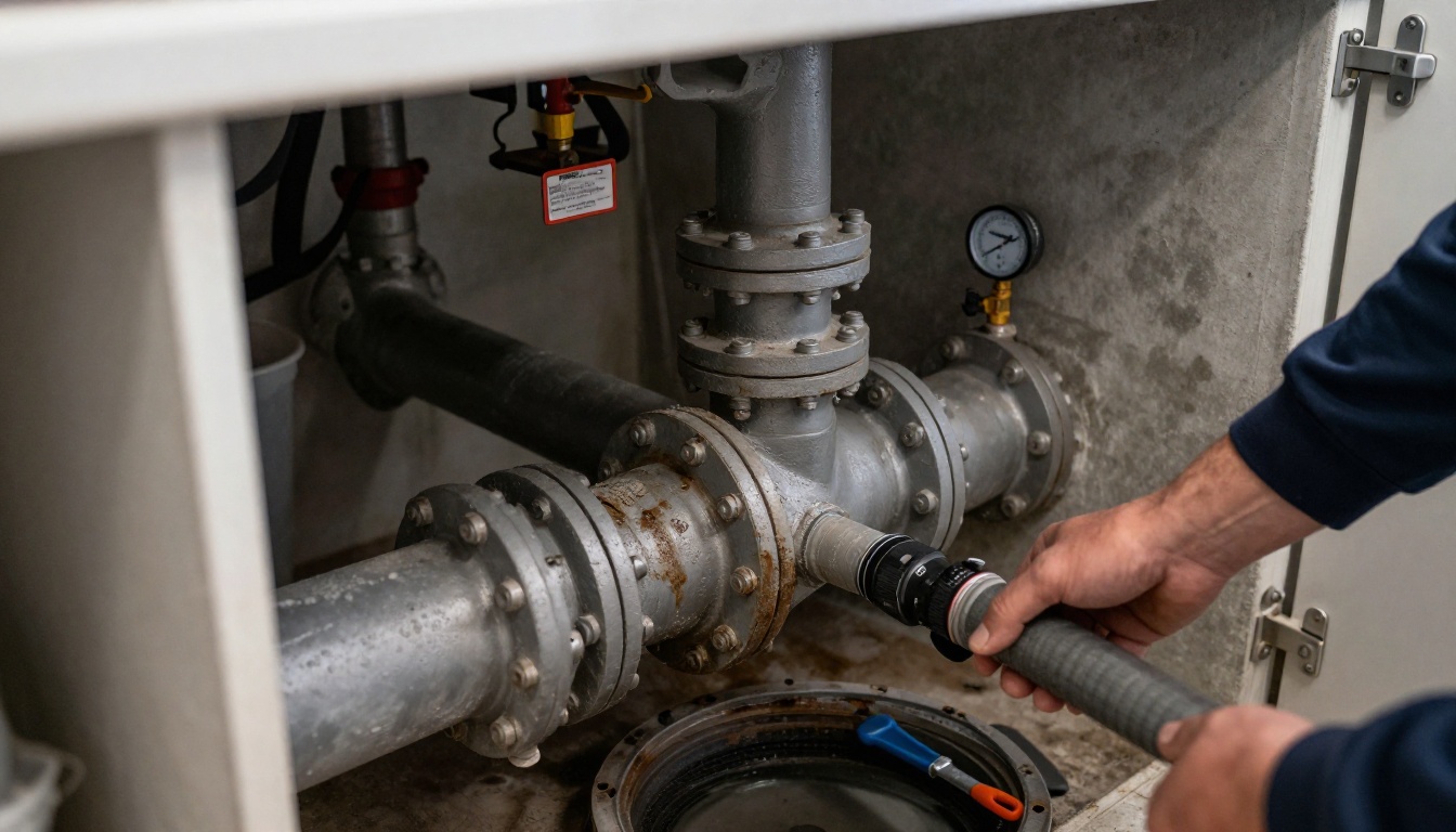 A high-pressure jetting hose entering a bolted cleanout on a 4-inch cast iron kitchen stack in a condominium mechanical room, with grease-stained pipe and nearby buckets and tools A high-pressure jetting hose entering a bolted cleanout on a 4-inch cast iron kitchen stack in a condominium mechanical room, with grease-stained pipe and nearby buckets and tools