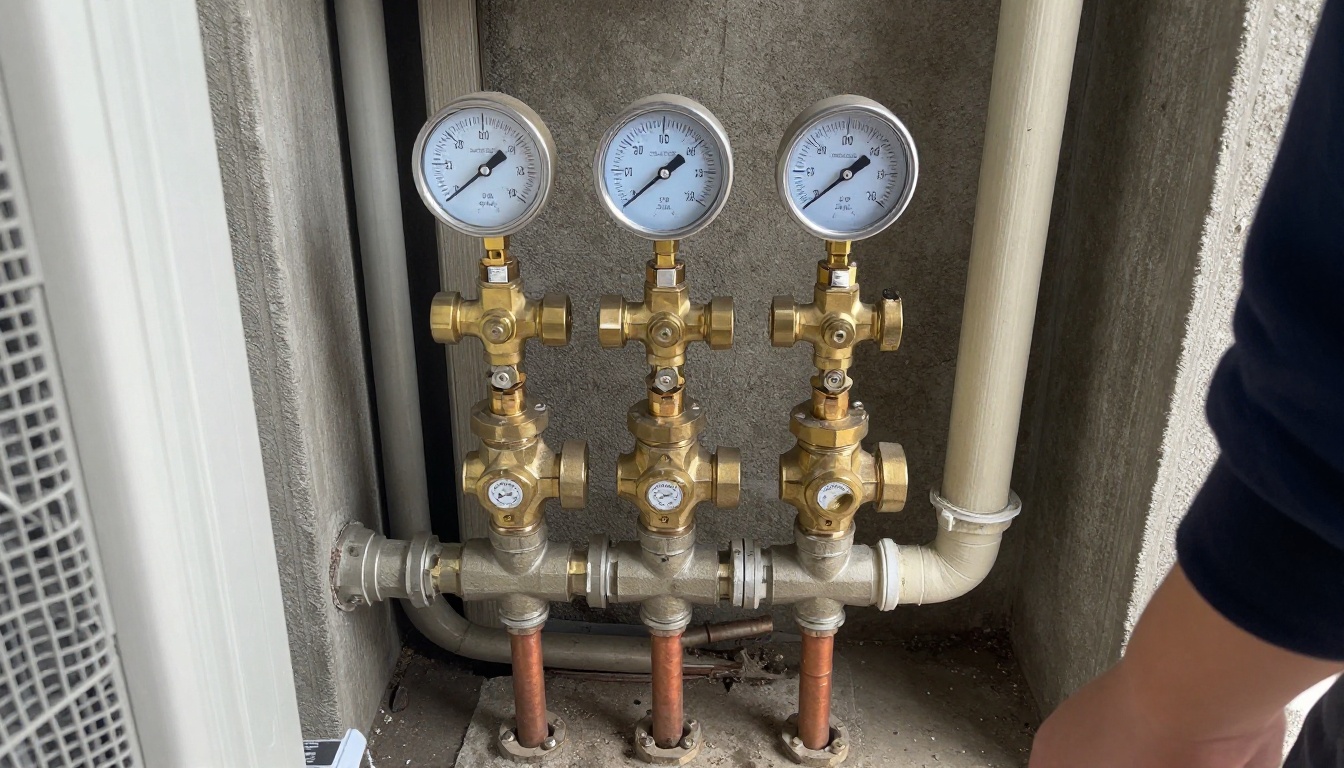 Brass pressure reducing valves and domestic water piping in a condominium mechanical room, with gauges and insulated copper mains, showing the type of equipment reviewed during water consumption investigations