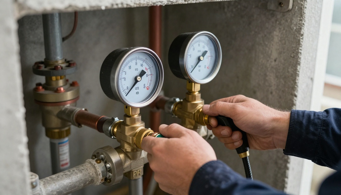 A plumber&rsquo;s gloved hands using gauges and tools at a PRV station in a condo mechanical room, showing a brass PRV between isolation valves on copper lines with a nearby pressure gauge