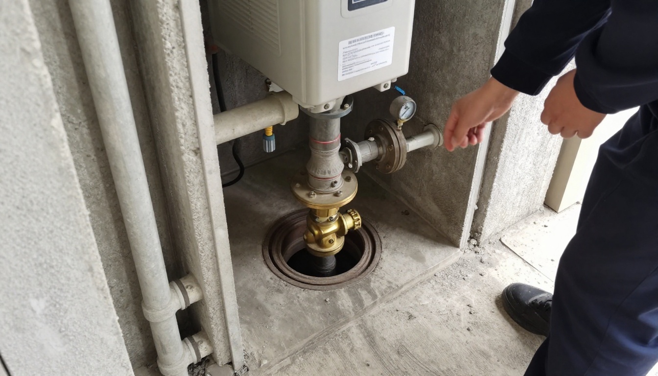 CCTV inspection camera entering a cast iron cleanout in a condominium service room, with aging cast iron drainage, brass cleanout fittings and concrete floor visible