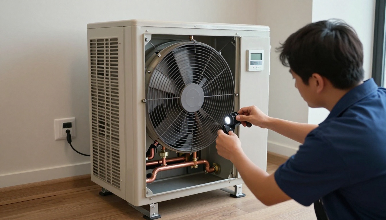 A Hudson HVAC technician opening a tall vertical condo fan coil cabinet in a Toronto suite closet, inspecting the actuator and valve assembly with a flashlight during fall maintenance