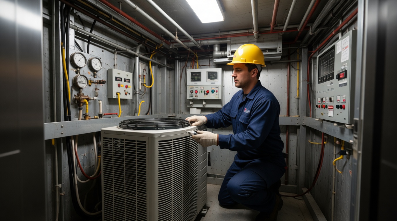 A Hudson HVAC technician inspecting a condo heat pump unit inside a Toronto high-rise condo closet. A Hudson HVAC technician inspecting a condo heat pump unit inside a Toronto high-rise condo closet.