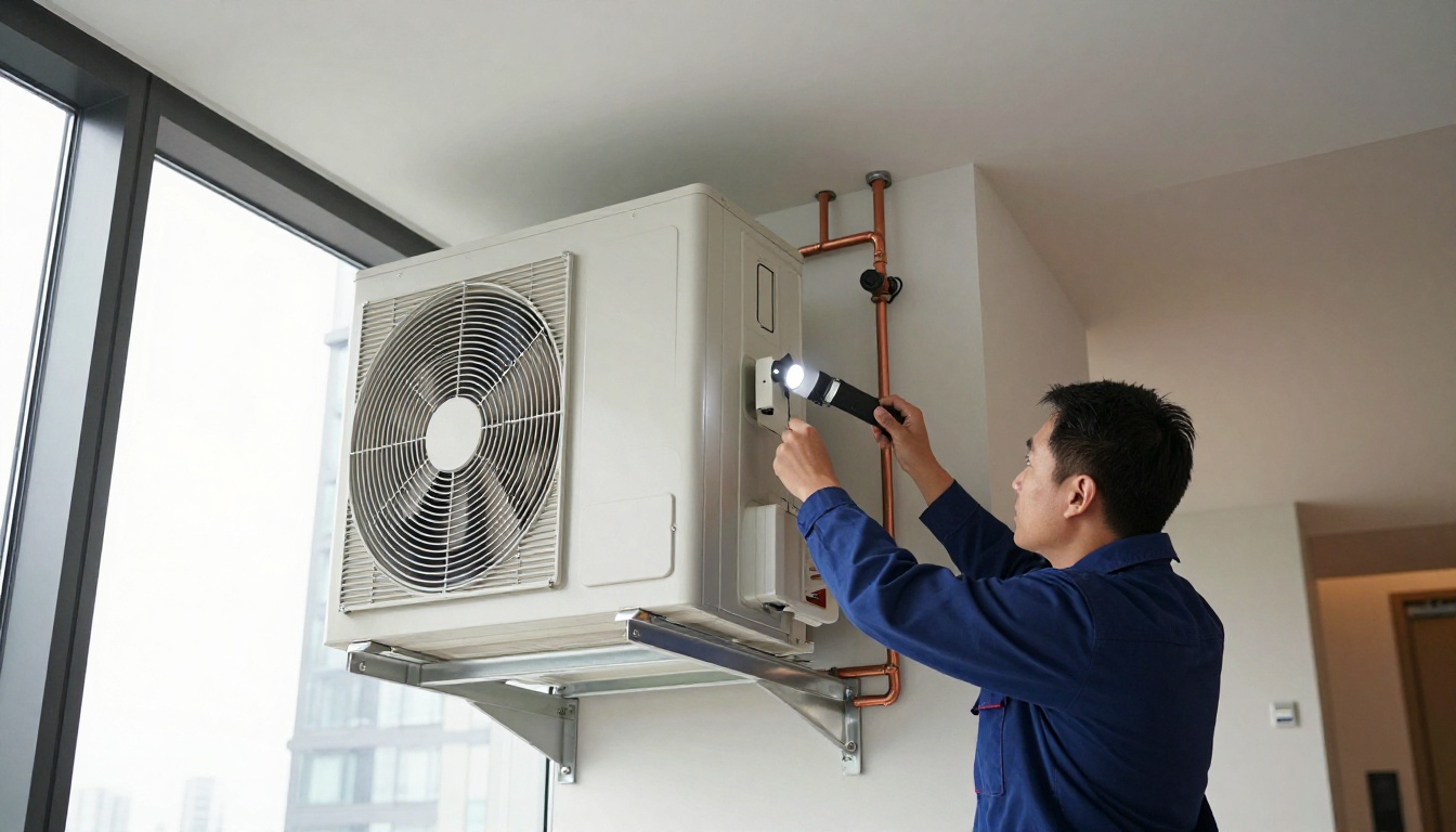 A Hudson HVAC technician inspecting a tall vertical condo fan coil cabinet inside a modern Toronto high-rise closet, checking copper piping and cabinet isolation points with a flashlight, fall daylight through a condo window