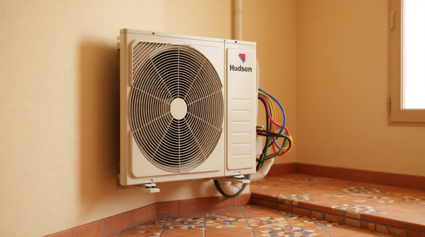 Close-up of a blower motor installed in a fan coil unit, showing wires and mounting bracket.