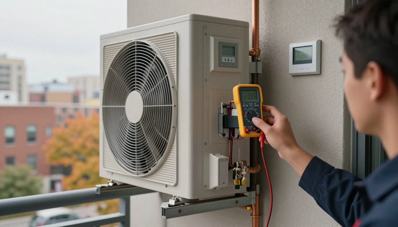 Close-up of a condo HVAC technician testing a thermostat and actuator wiring on a vertical fan coil unit inside a sleek North York condo suite, tools and multimeter visible, autumn city skyline outside Close-up of a condo HVAC technician testing a thermostat and actuator wiring on a vertical fan coil unit inside a sleek North York condo suite, tools and multimeter visible, autumn city skyline outside