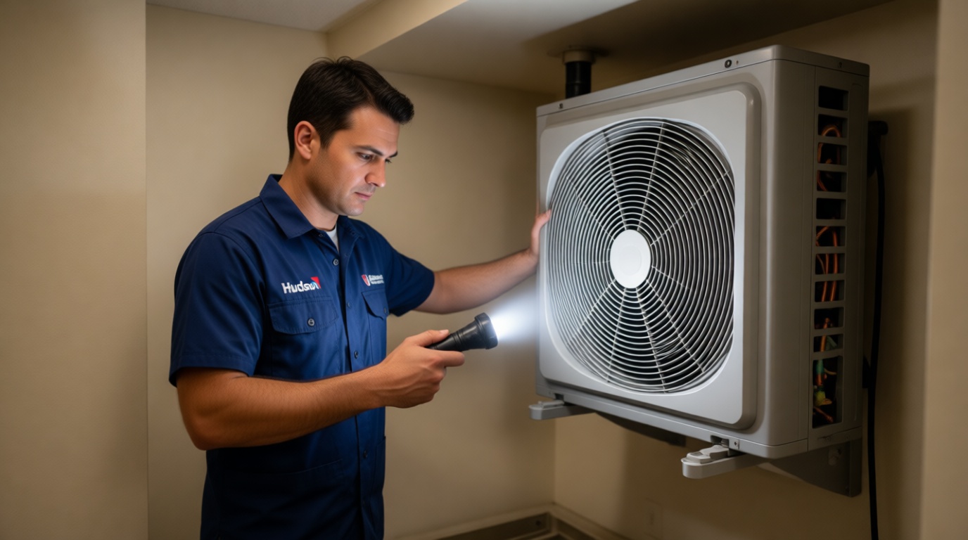 A Hudson HVAC technician inspecting a condo fan coil unit with a flashlight in a Toronto high-rise