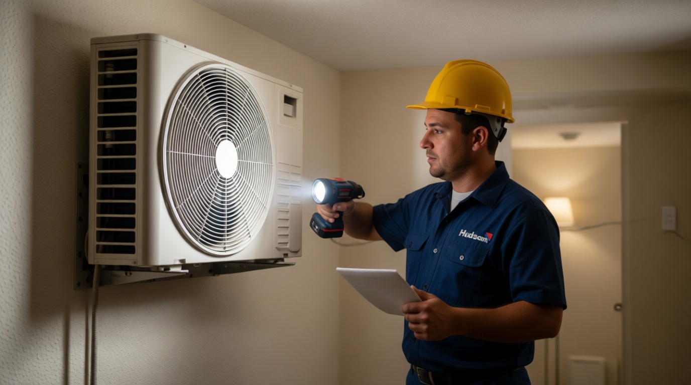 A Hudson HVAC technician inspecting a condo fan coil unit with a flashlight in a Toronto high-rise A Hudson HVAC technician inspecting a condo fan coil unit with a flashlight in a Toronto high-rise