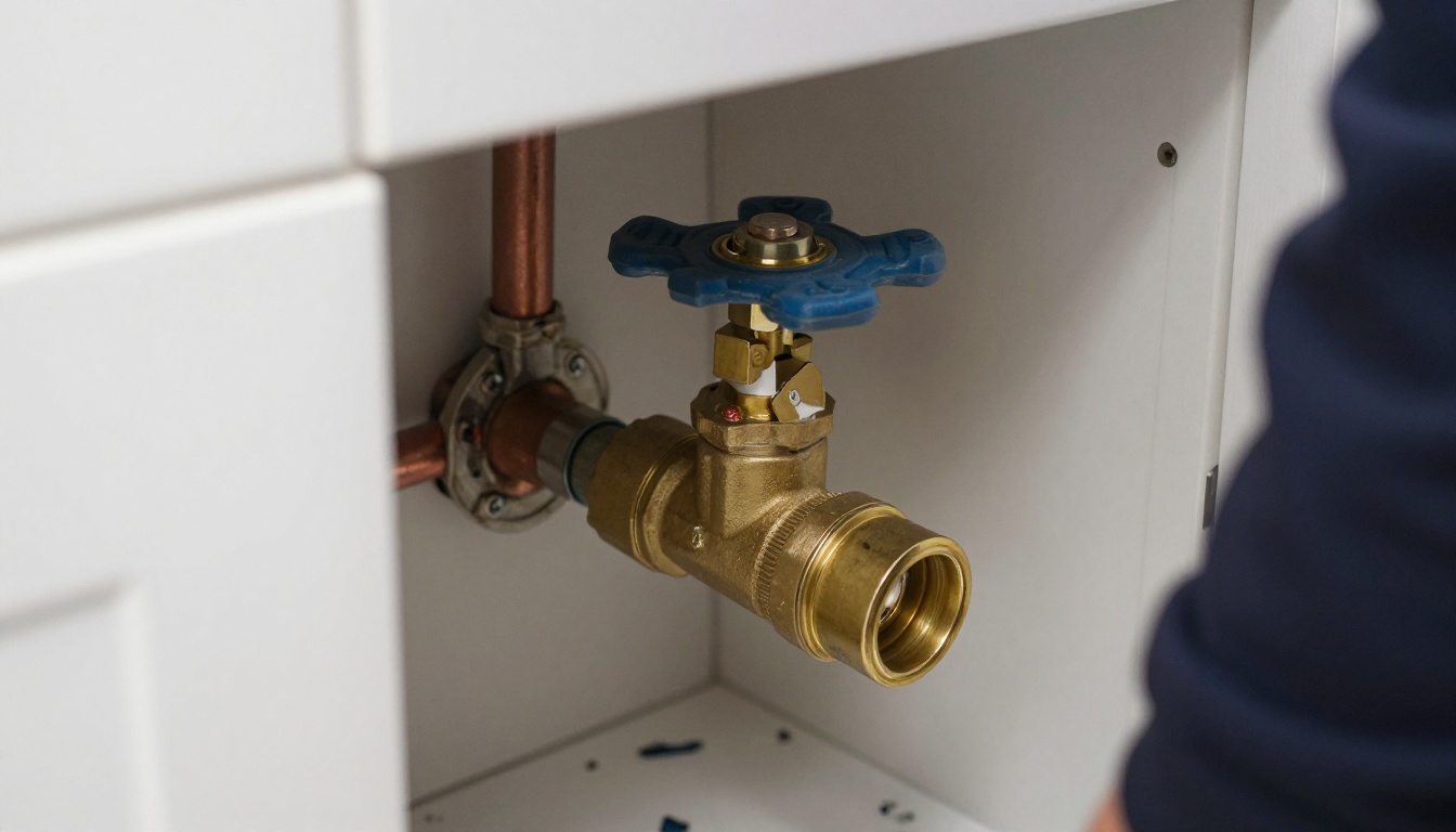 Close-up of an older brass in-suite branch shutoff valve on a copper domestic water line inside a condominium access panel, with visible mineral staining and a nearby valve tag