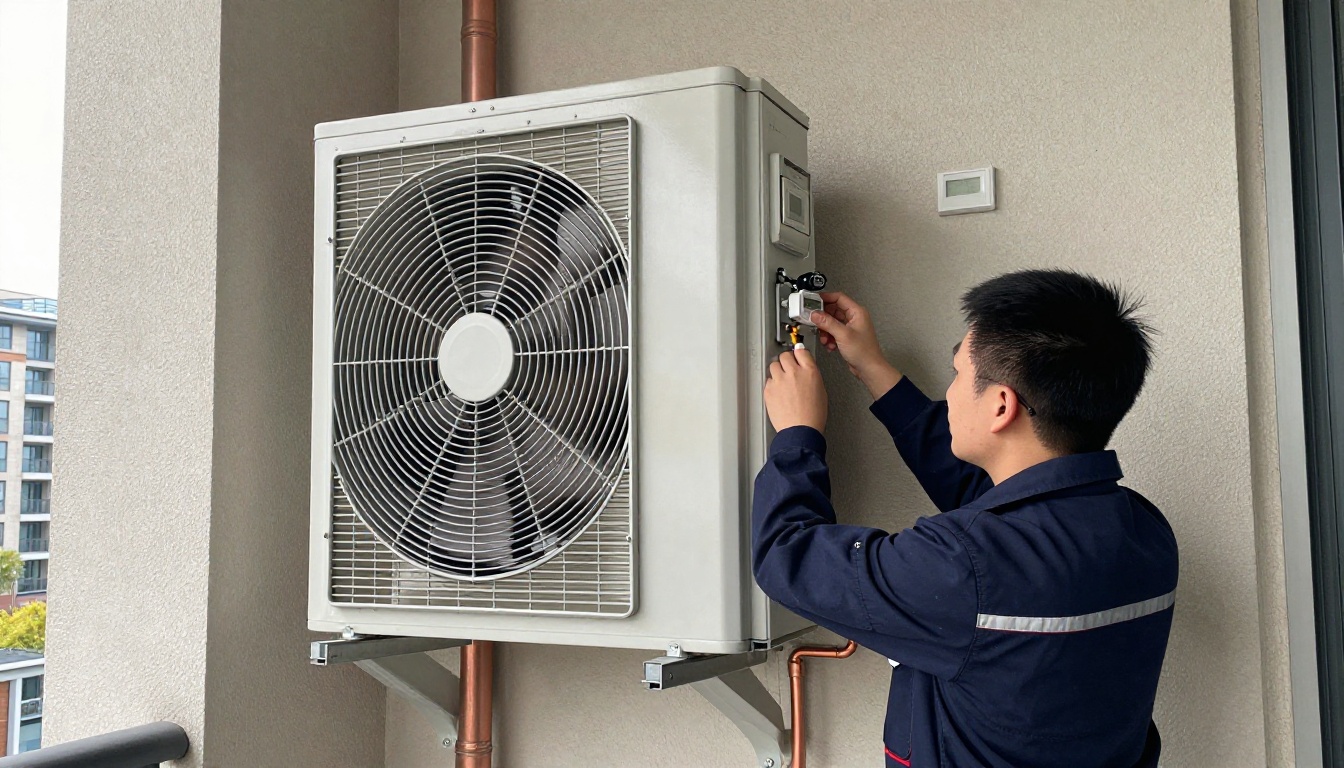 A condo HVAC technician in dark navy coveralls testing a thermostat and checking actuator wiring on a vertical fan coil unit inside a clean high-rise suite closet in Toronto, shallow depth of field, fall daylight