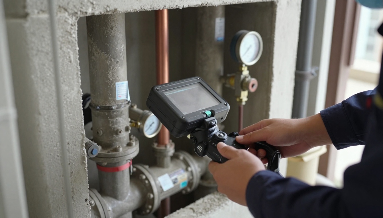 Close-up of a camera inspection monitor and a pressure jetting setup beside exposed cast iron and copper piping in a high-rise condominium mechanical room, with the pipework in sharp focus Close-up of a camera inspection monitor and a pressure jetting setup beside exposed cast iron and copper piping in a high-rise condominium mechanical room, with the pipework in sharp focus