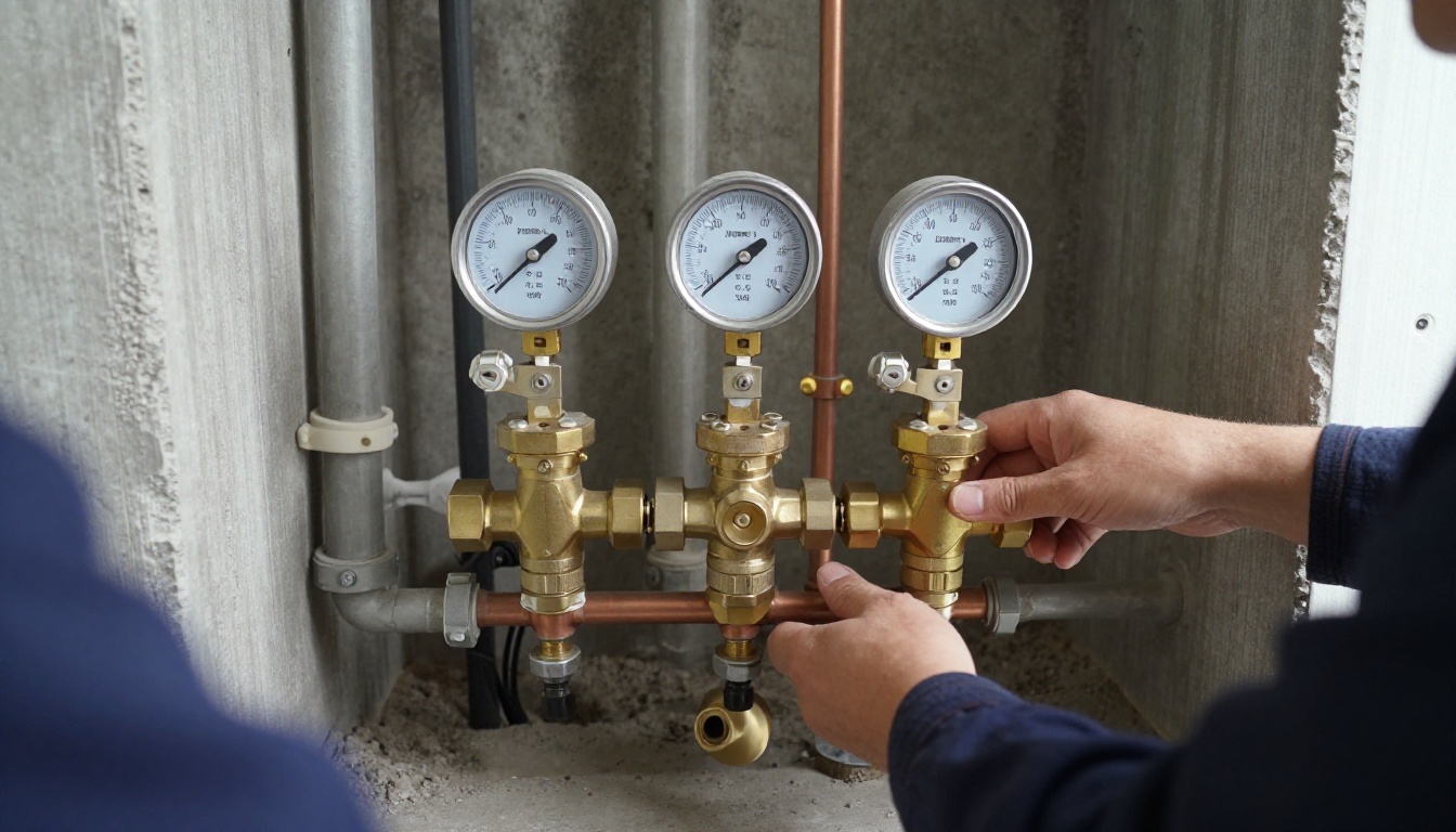 Brass pressure reducing valve and backflow assembly on copper mains in a condominium mechanical room with insulated piping and clear access for maintenance