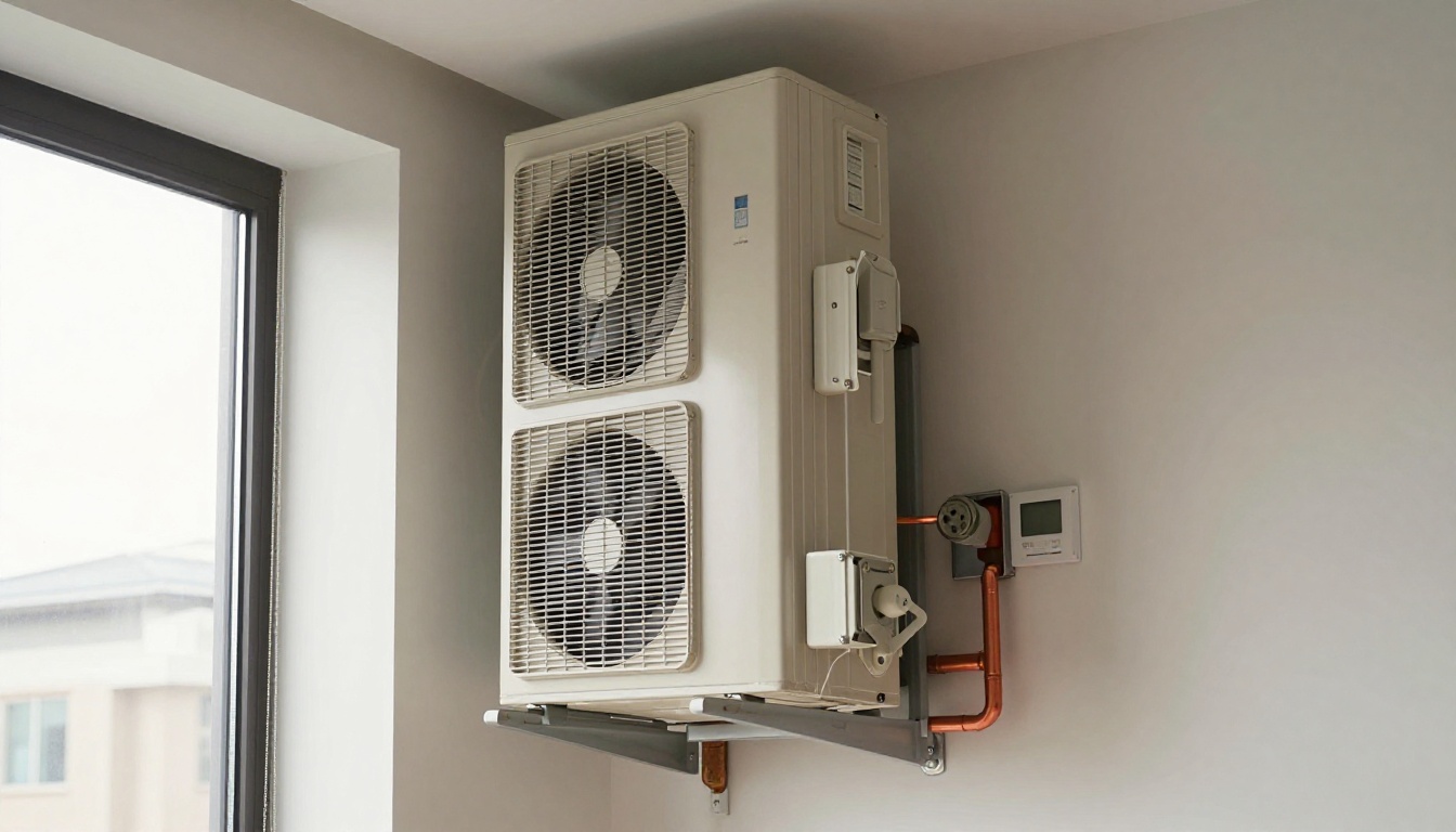 A tall vertical condo fan coil unit inside a modern Toronto condo closet with the lower access panel open, a clean pleated filter being removed, copper piping visible, natural fall light from a nearby window