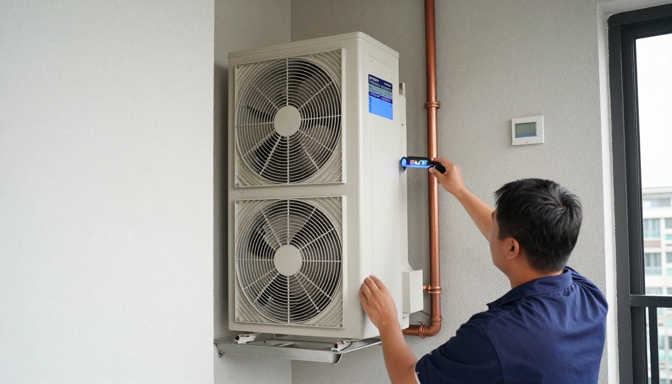 A Hudson HVAC technician installing a UV-C light inside a condo HVAC system in a Toronto high-rise.