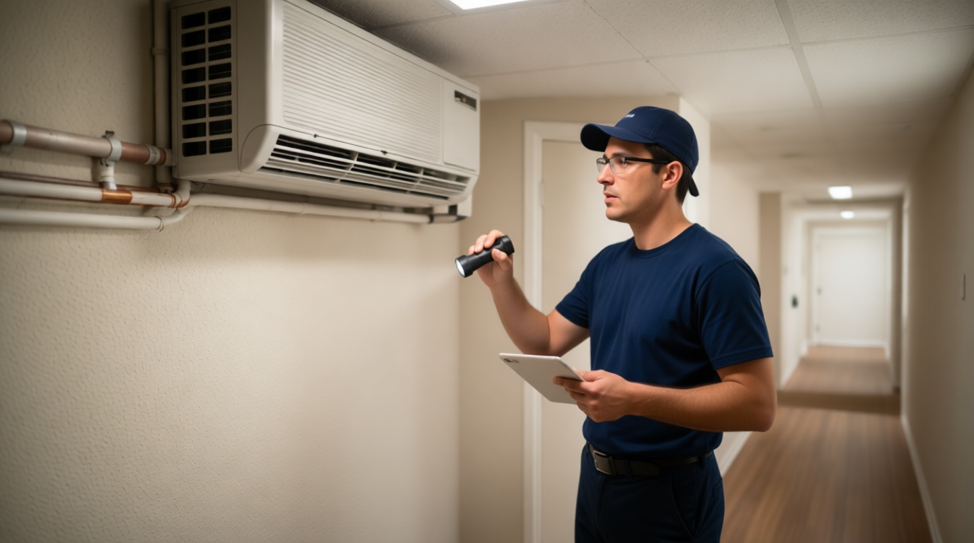 A Hudson HVAC technician inspecting a condo fan coil unit with a flashlight in a Toronto high-rise