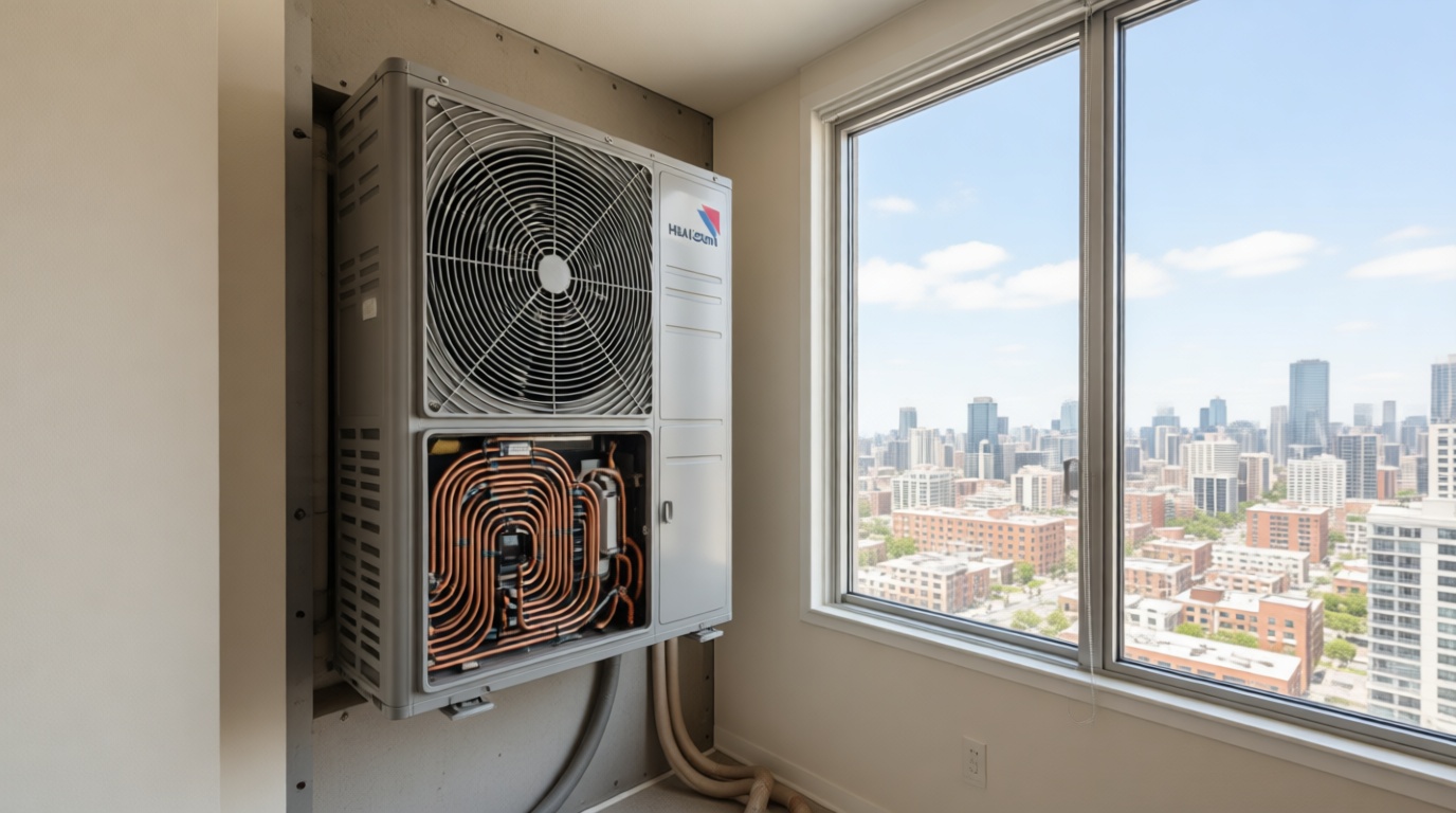 Close-up of a fan coil unit inside a Markham condo with a city view outside the window. Close-up of a fan coil unit inside a Markham condo with a city view outside the window.