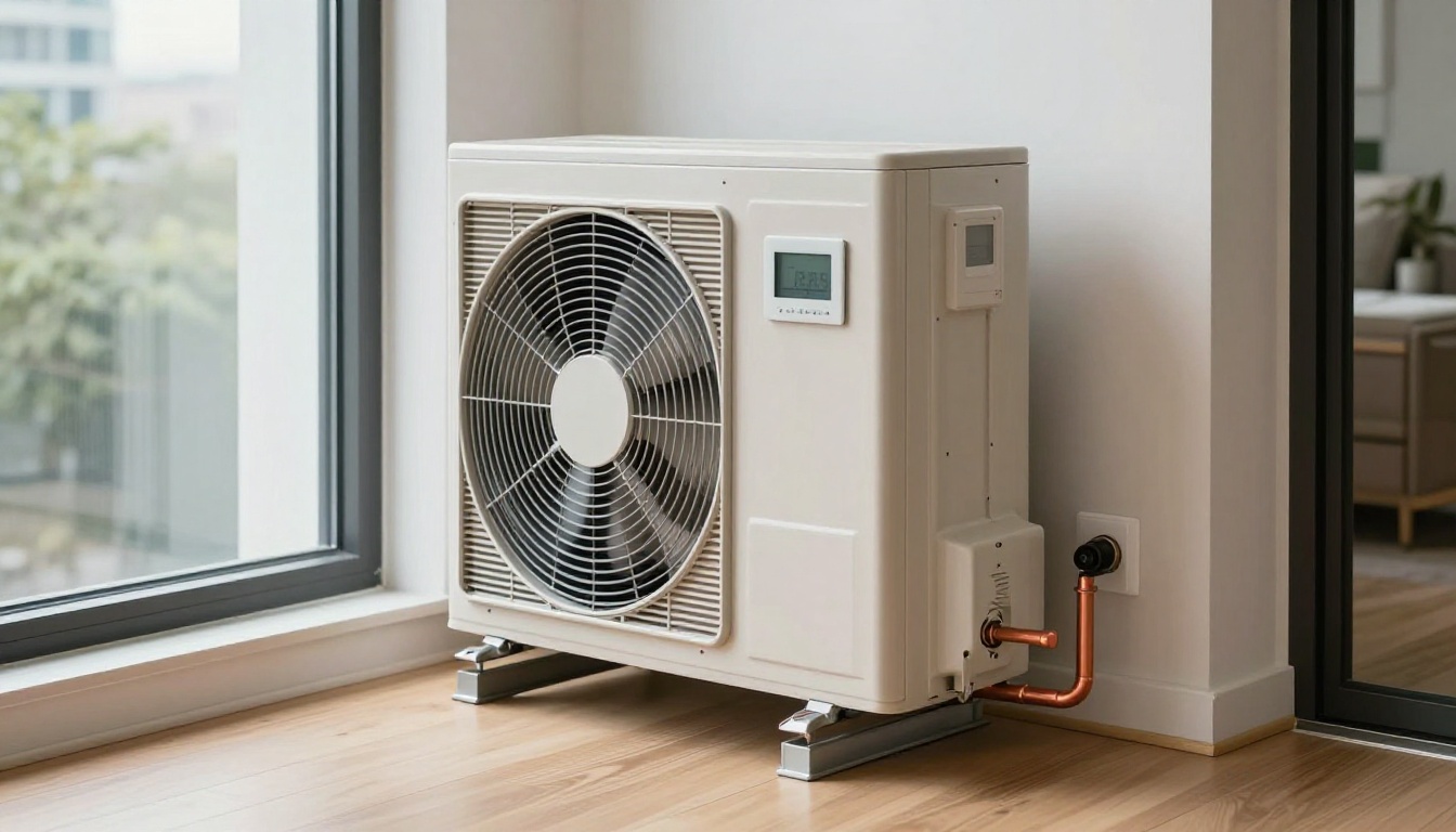 Close-up of a tall vertical condo fan coil cabinet open in a modern North York suite, showing filter, blower section, and copper piping near large glass windows Close-up of a tall vertical condo fan coil cabinet open in a modern North York suite, showing filter, blower section, and copper piping near large glass windows