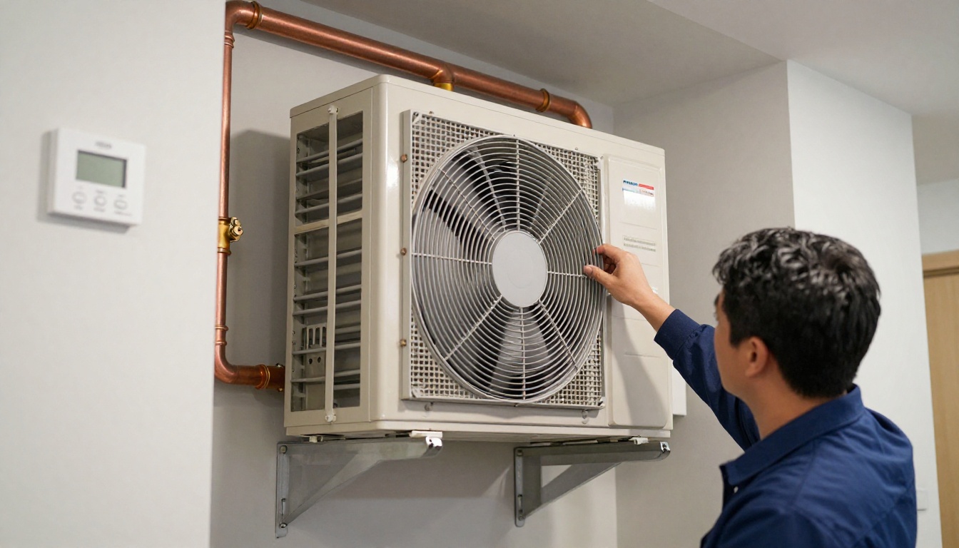 A Hudson HVAC technician inspecting a dryer vent in a Toronto condo laundry room.