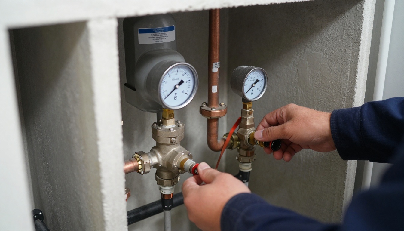 Close-up of a commercial diaphragm-style thermal expansion tank mounted above a domestic hot water line in a condominium mechanical room, with copper piping, isolation valve, pressure gauge and relief valve nearby
