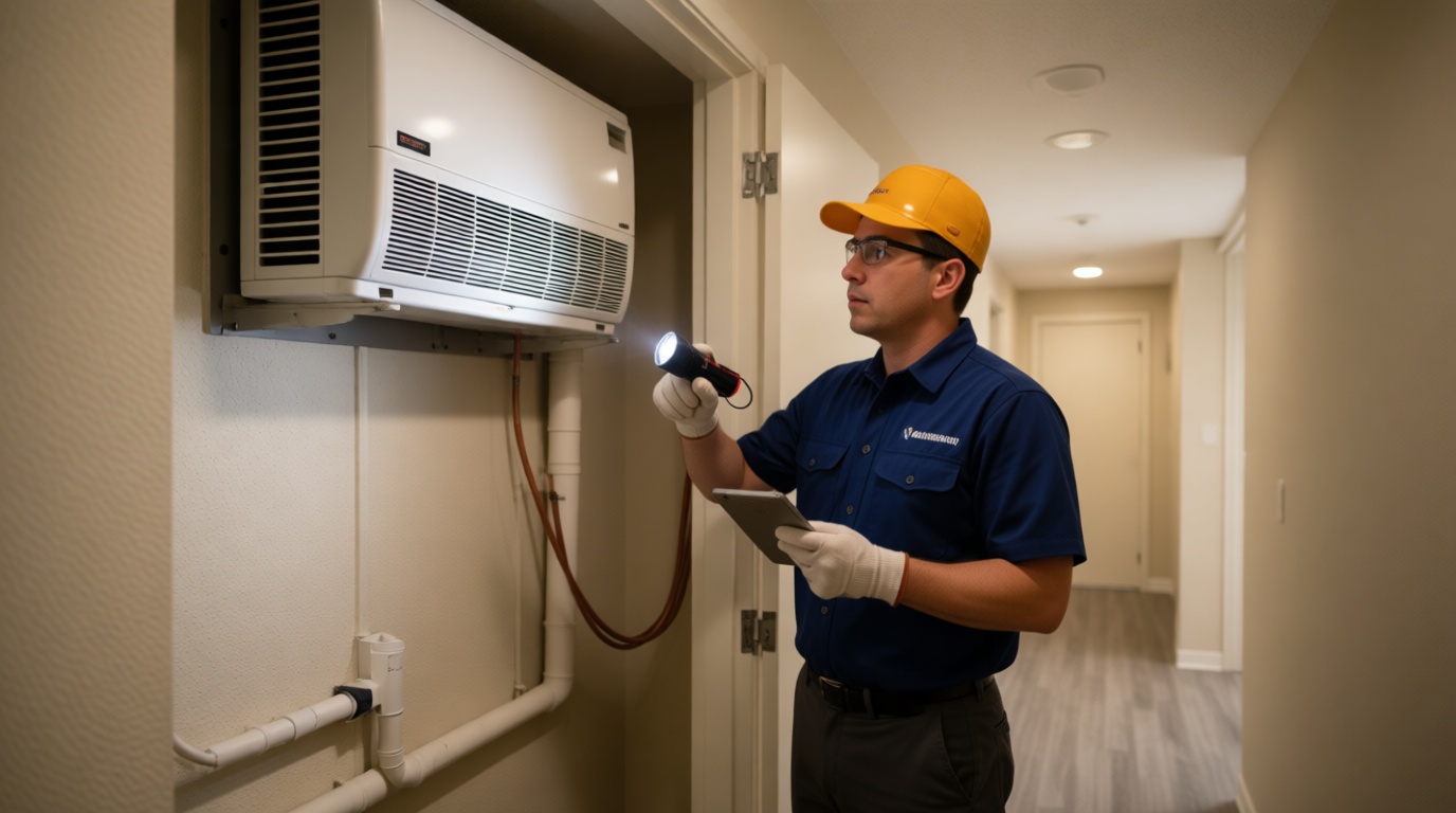 A Hudson HVAC technician inspecting a condo fan coil unit with a flashlight in a Toronto high-rise