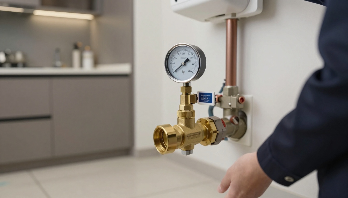 A condominium mechanical room domestic water line with a brass pressure reducing valve, pressure gauge, and tagged sectional valves on copper piping, photographed at close range