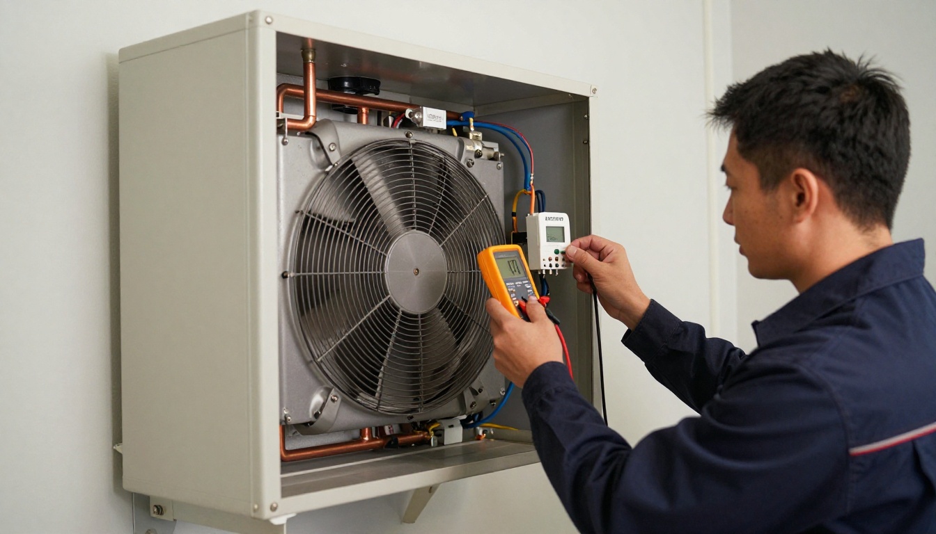 A Hudson HVAC technician’s hands testing a condo fan coil actuator and thermostat wiring with a multimeter inside a high-rise suite closet in Toronto during fall A Hudson HVAC technician’s hands testing a condo fan coil actuator and thermostat wiring with a multimeter inside a high-rise suite closet in Toronto during fall