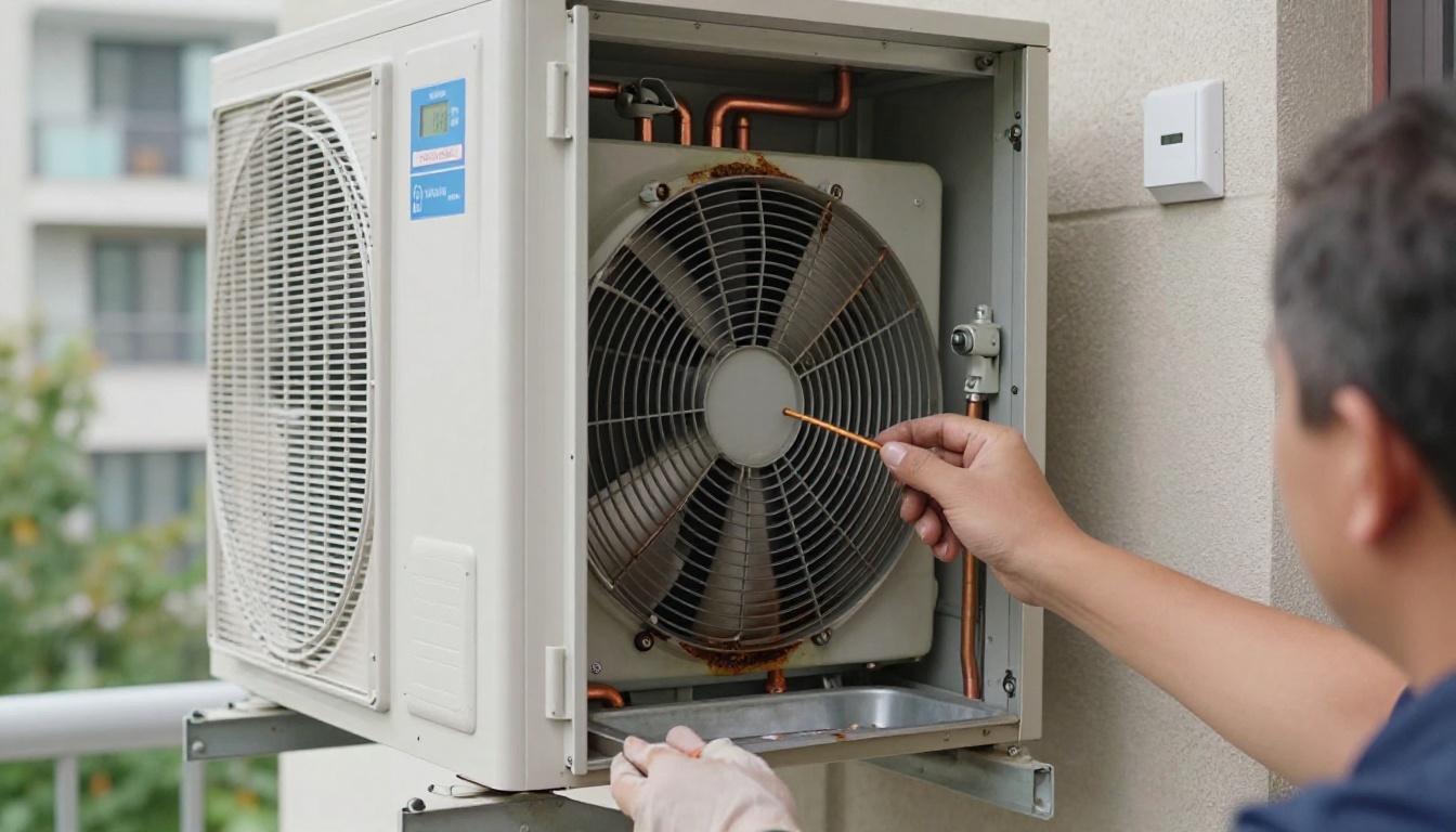 Close-up of a condo fan coil drain pan and copper piping inside a tall vertical HVAC cabinet, showing a technician’s gloved hands inspecting for rust and buildup in a clean modern Toronto condo
