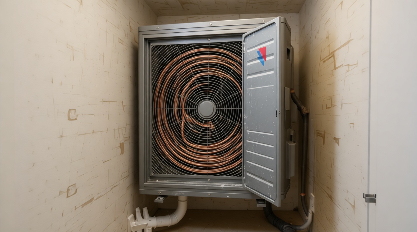 Close-up of a frozen condensate line on a fan coil unit during a Toronto winter