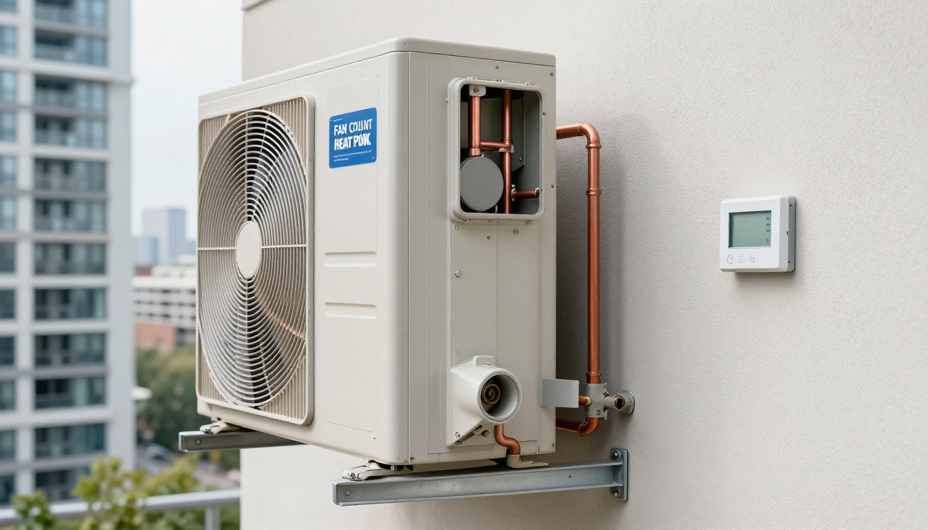 A close-up of a tall vertical condo fan coil unit inside a modern Toronto condo closet with the access panel open, showing the blower section, copper piping, filter slot, and drain pan A close-up of a tall vertical condo fan coil unit inside a modern Toronto condo closet with the access panel open, showing the blower section, copper piping, filter slot, and drain pan