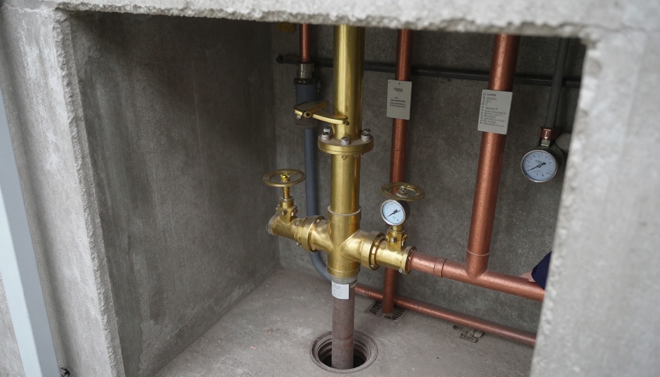 Brass backflow prevention assembly with test cocks and shutoff valves installed on a domestic water main in an older condominium mechanical room, with surrounding copper piping and floor drain visible