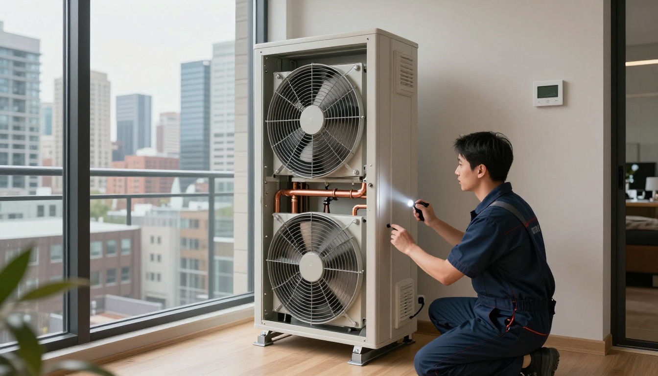 A tall vertical condo fan coil unit inside a modern Toronto condo closet with the lower access panel open, showing the filter, blower section, and copper piping while a technician in navy coveralls checks airflow with a flashlight A tall vertical condo fan coil unit inside a modern Toronto condo closet with the lower access panel open, showing the filter, blower section, and copper piping while a technician in navy coveralls checks airflow with a flashlight