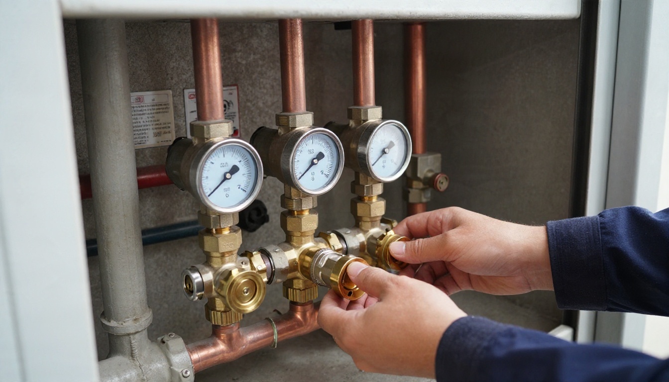 Brass pressure reducing valves and gauges on copper mains in a condominium mechanical room, with insulated piping, isolation valves and clean organized service access Brass pressure reducing valves and gauges on copper mains in a condominium mechanical room, with insulated piping, isolation valves and clean organized service access
