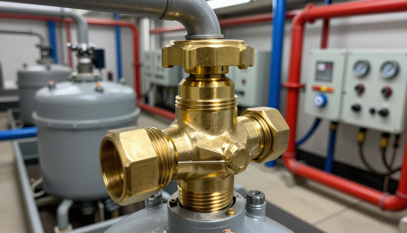 Close-up of a brass automatic air vent mounted on top of a hydronic air separator inside a Toronto condo mechanical room, showing the vent cap, threaded connection, and surrounding insulated piping.