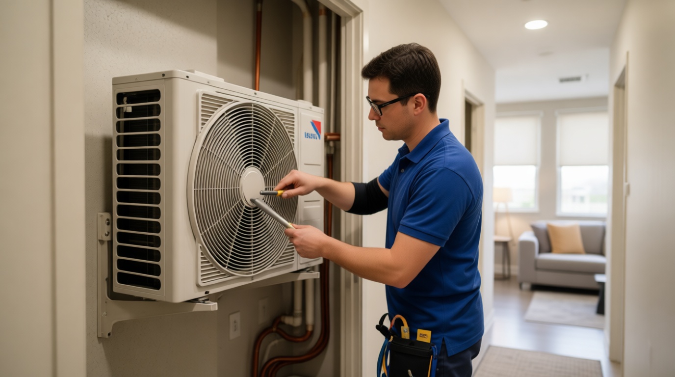 Close-up of a technician cleaning a fan coil unit in a modern Toronto condo Close-up of a technician cleaning a fan coil unit in a modern Toronto condo